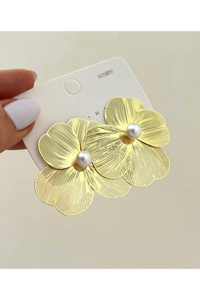 AychaAksesuar Çelik incili altın renk büyük çiçek küpe