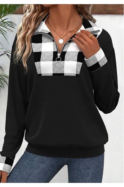 Little Visqon Women's Long Sleeve Neckline Front Zip Plaid Detail Viscose Two Thread Blouse