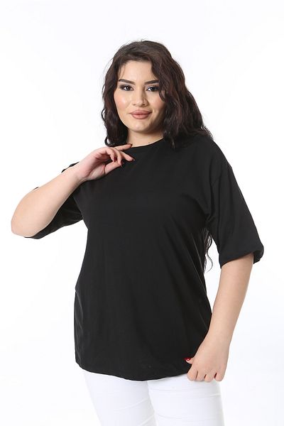Şans Women's Plus Size Black Crew Neck Short Sleeve Blouse 65N38754