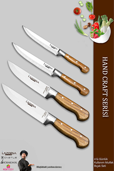 LAZBİSA Hand Craft Mutfak Bıçak Seti Et Ekmek Sebze Bıçağı 4 Lü Set Günlük Ku...