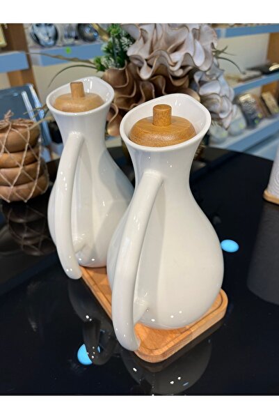 Lizzy 680ml Porcelain Oil Pot - 2 Pack Large Size Liquid Oil Bottle Vinegar with Wooden Stand