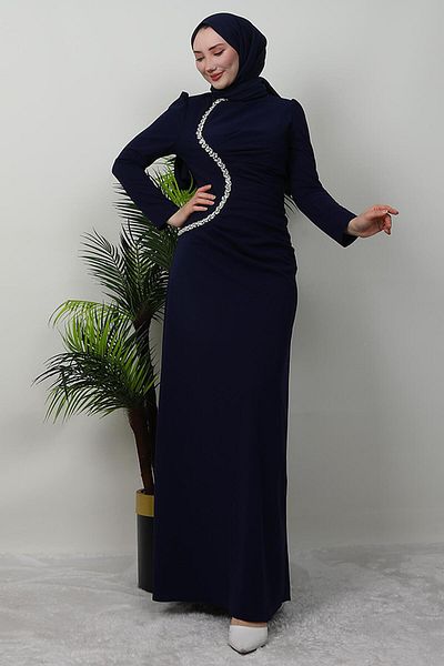 GİZ AGİYİM Navy Blue Elegance Rhinestone Dress