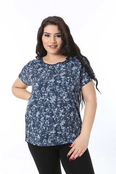 Şans Women's Plus Size Navy Blue Crew Neck Front Print Blouse 65N38767