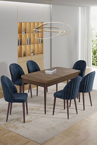 Canisa Enya Serisi 80x132 Açılabilir Barok Ahşap Desen Masa Takımı ve 6 Antrasit Sandalye