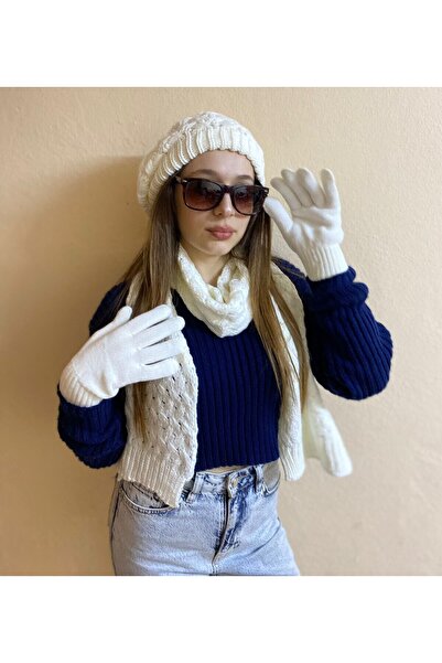 sema aksesuar Winter Patterned Hair Knit Knitwear Painter Set - 3-Piece Beret, Scarf and Gloves