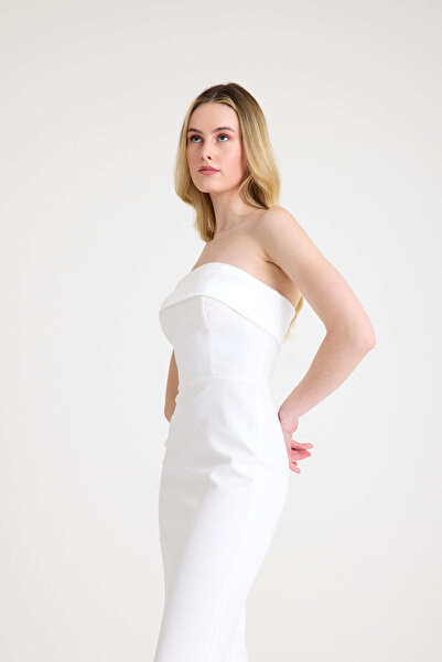 bontesel Beyaz Straplez Saten-Krep Yırtmaç Detaylı Söz Elbisesi Nişan Elbisesi Nikah Elbisesi