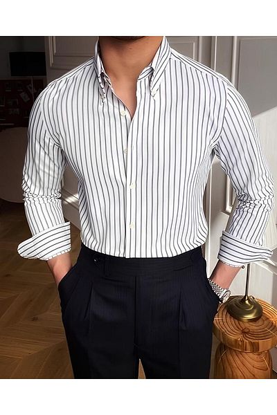 King Brothers Men's Black Striped Full Fit Long Sleeve Shirt Slim Fit