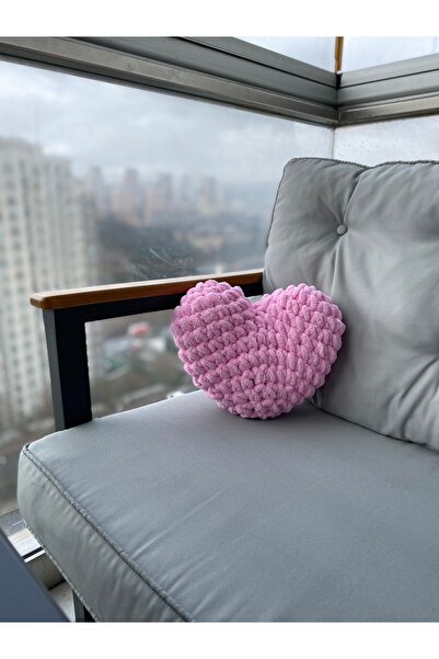 Alize Puffy Romantic Hand Knitted Heart Pillow 35 X 30 cm Powder Pink