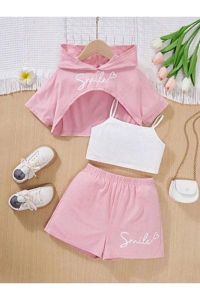 npLStore Girl's Smile Printed T-Shirt Strap Crop Shorts Set