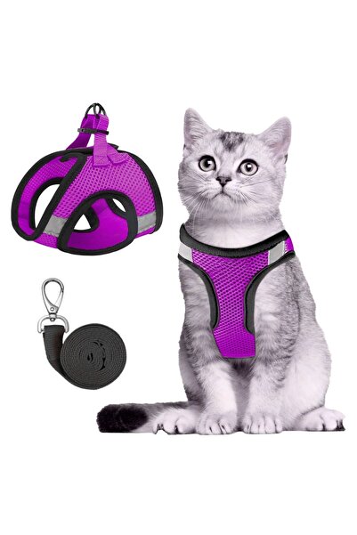 Evene Mor Kedi Tasması S Beden Göğüs Boyun Tasma Seti Sevk Kayışlı Terletmeyen Nefes Alan Kumaş Reflektör
