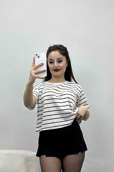 BELENDİR Single Jersey Striped Short Sleeve T-Shirt White and Black - 20841.1567