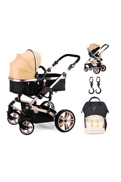 TEKNUM Teknum 3 in 1 Pram stroller-Khaki + Sunveno Diaper Bag Black + Hooks
