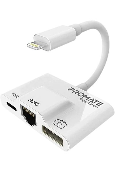 Promate GigaLink-i.White OTG Lightning Hub، محول 3 في 1 مع إيثرنت وشحن لجهاز iPhone