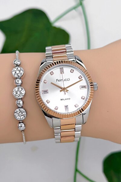 Ferrucci Steel Band Steel Case Women's Wristwatch, 3 Atm Waterproof Rose-Silver Zmfer176