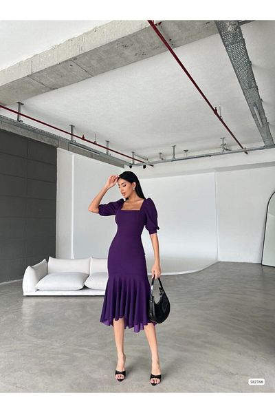 Kokosh moda Square Collar Skirt Ruffle Detail Midi Length Evening Dress