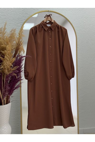 Ebrar Store Nur Shirred Linda Tunic with Shoulders-El1552 Brown