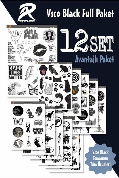 AR Sticker Vsco Black Laptop Notebook Tablet Sticker Full Pack - 12Set