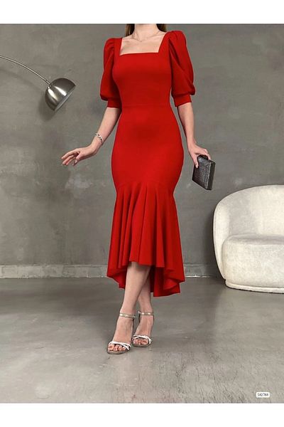 Kokosh moda Square Collar Skirt Ruffle Detail Midi Length Evening Dress