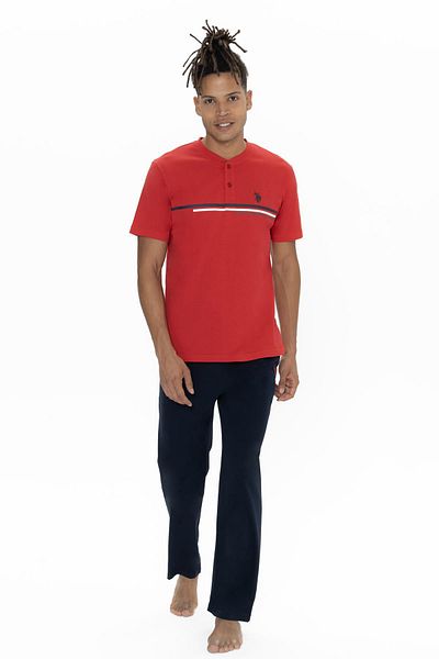 U.S. Polo Assn. Us Polo Men's Large Size Pajama Suit, Crew Neck Buttoned, Pocket Detail