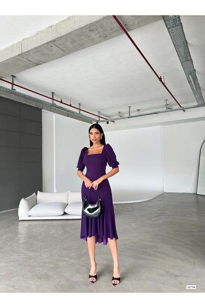Kokosh moda Square Collar Skirt Ruffle Detail Midi Length Evening Dress