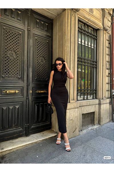WOST Women's Black Midi Length Slit Sandy Fabric Dress Wedding Engagement Homecoming Dress