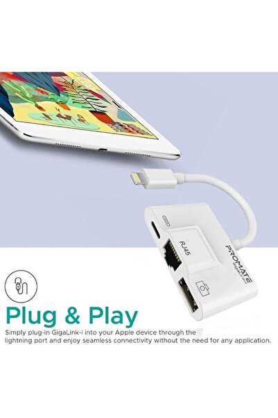 Promate GigaLink-i.White OTG Lightning Hub، محول 3 في 1 مع إيثرنت وشحن لجهاز iPhone