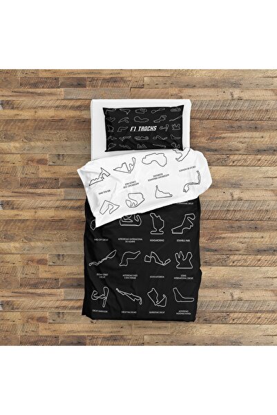 The Lucid Lab All Tracks / Formula 1 Pistleri Siyah-Beyaz Çift Taraflı Nevresim Takımı 160 cm x220 cm