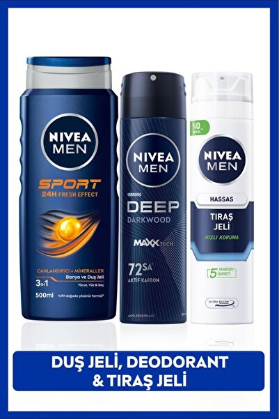 NIVEA Men Sport Saç Ve Vücut Şampuanı 500 ml Hassas Tıraş Jeli 200 ml Deodorant Sprey 150 ml
