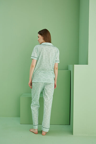 Siyah İnci Green Rabbit Print Short Sleeve Button Ribbed Pajamas Suit7817