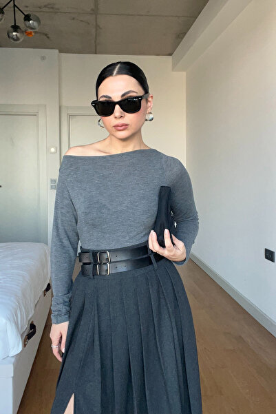 Seda Yalçın Atelier Anthracite Midi Length Belted Pleated Skirt