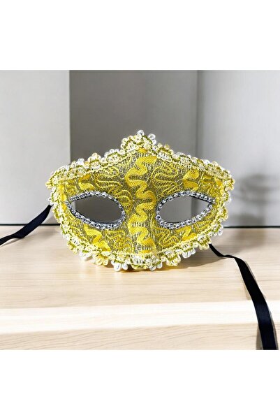 Niyet Dantelli Taşlı Sarı Venedik Göz Maskesi - Kostüm Partileri , Maskeli Ba...