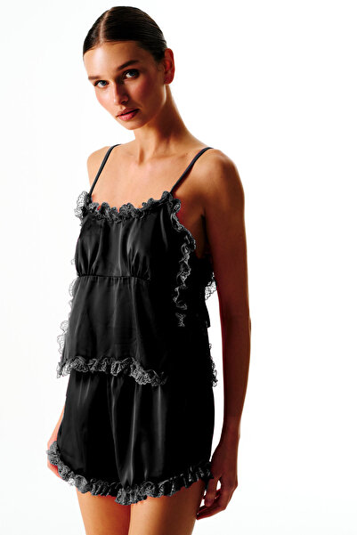 Love On Friday HEART Saten Pijama Set (Siyah Dantel)