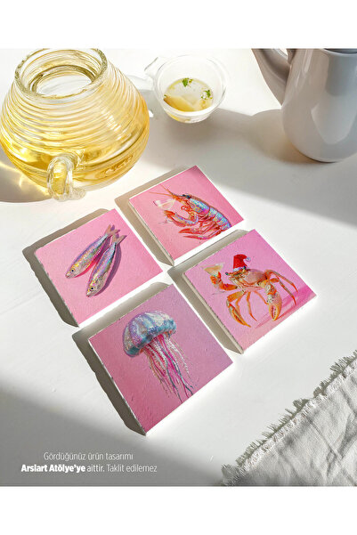 arslart Retro Pembe Deniz Canlıları Tasarımlı Taş Bardak Altlıkları - 4’lü Set