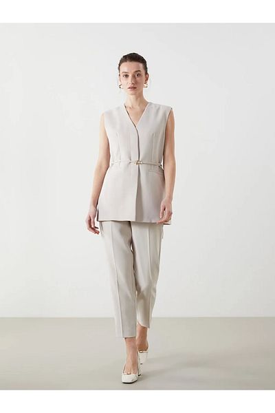 LC Waikiki Lcwaikiki Classic Beige V-Neck Women's Classic Vest