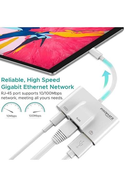 Promate GigaLink-i.White OTG Lightning Hub، محول 3 في 1 مع إيثرنت وشحن لجهاز iPhone