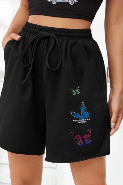 Wish BF Siyah Penye Şort 3'lü Kelebek Baskılı