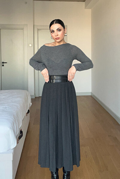 Seda Yalçın Atelier Anthracite Midi Length Belted Pleated Skirt