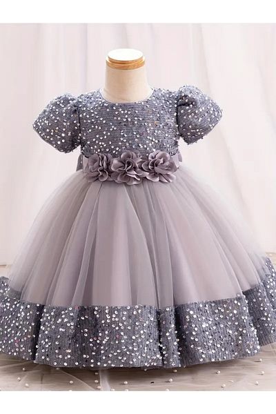 miço kids Gray Sequin Balloon Sleeve Girl's Dress