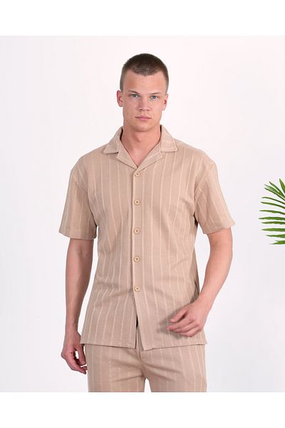 elkumoda Βαμβακερό ύφασμα κατά του ιδρώτα Ιταλικό πέτο με ριγέ κοντομάνικο πουκάμισο με κλείσιμο με κουμπιά Slim Fit πουκάμισο