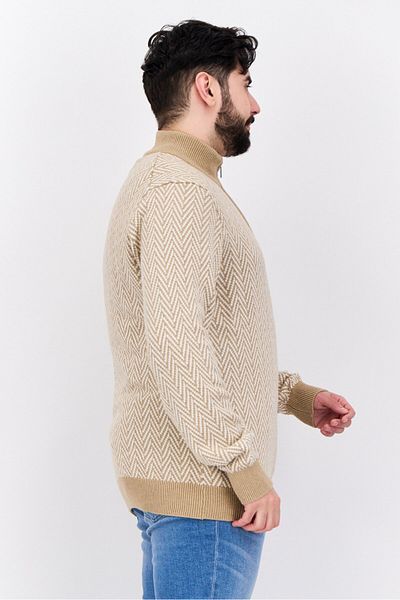Perry Ellis Men Mock Neck Long Sleeves Herringbone Pattern Sweater, Tan