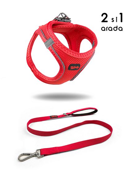 Tailpetz Glossy Red Cat Dog Air-Mesh Chest Collar and Trip Shipping Strap Set - 2 in 1