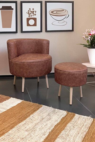 YAPKAR Nubuk Kahverengi  Çay Seti Tekli Berjer Ve Puf Takımı (SALON, BALKON, OFİS) 2 Li Takım