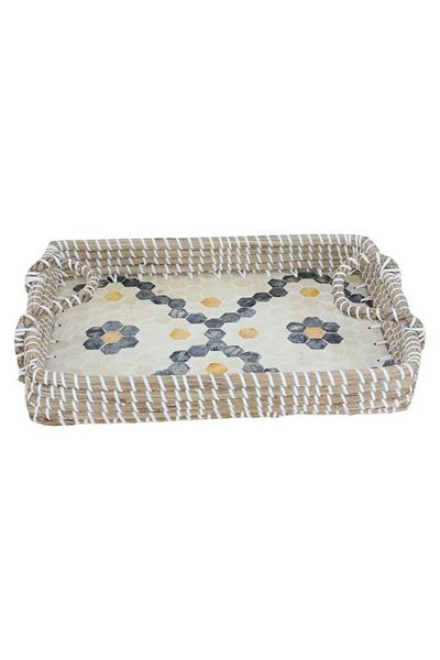 ALSAIF طوفاريا من الخوص 37 × 27 × 5 سم مستطيل بنقشة زرقاء وبيج