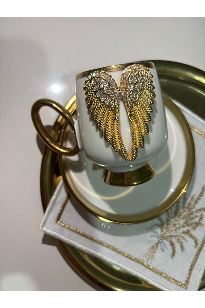 EŞİYOK 2' Crystal Stone Special Design Angel Wing Decorated Gold Detailed Coffee Cup