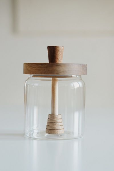 Dekorzdükkan Acacia Lid Borosilicate Glass Honey Jar (450ml)