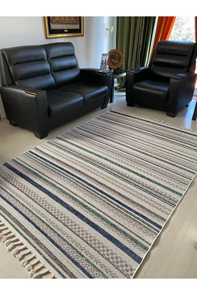 Halımax Reform Halı 4802 Meridyen Gri Mavi Bukle Kabartmalı Örgü Saçaklı Mode...