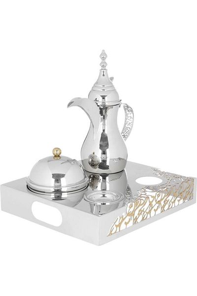ALSAIF Steel Hospitality Set (Dallah + Dates + Noa Plate) 4 Pieces Base Silver