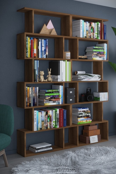 dekor fim DF07103BR 6 Raflı Çift Modül Zigzag Kitaplık Çalışma Odası Ofis Kit...
