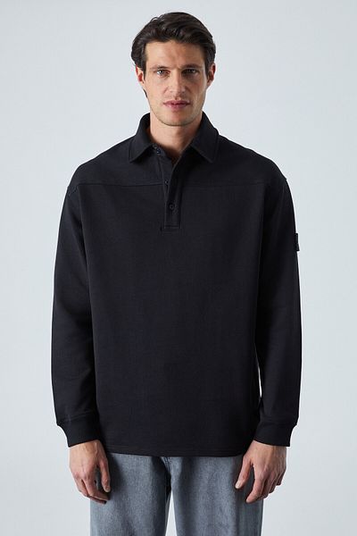 GRIMELANGE Aatrox Men's Polo Neck Placket Buttoned Long Sleeve Regular Fit Embroidery Detailed Black Sweatshirt