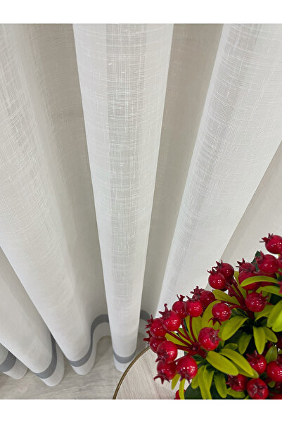 Brillant Κουρτίνα από τούλι σε χρώμα εκρού/γκρι με λινό εμπριμέ σχέδιο και 1/3 στενό πλισέ
